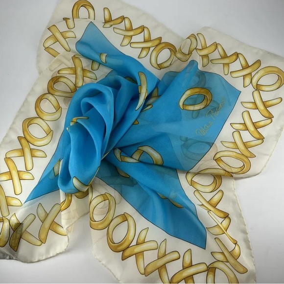 VTG PALOMA PICASSO Hugs & Kisses 100% Silk Scarf 26'' x 26'' Blue&Yellow RARE - Picture 2 of 8